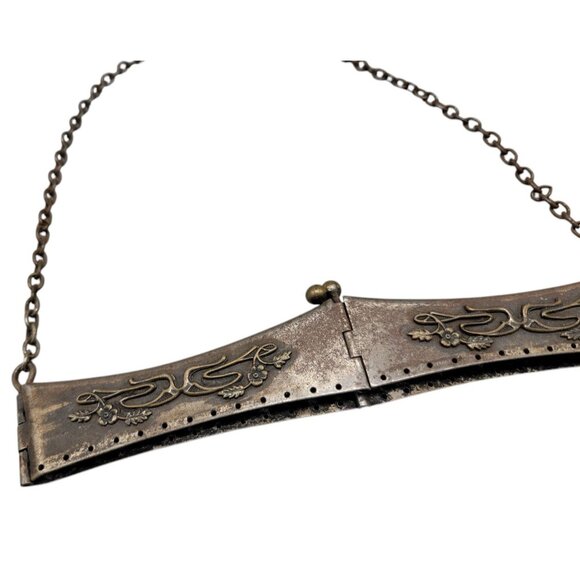 Antique Victorian Purse Reticule Square Frame Folding Floral Metal Kiss Closure - Picture 3 of 14